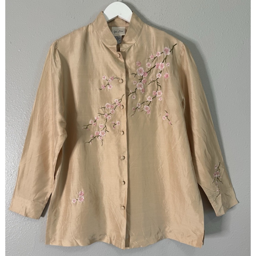 100% Silk Embroidered Cherry Blossom Mandarin Collar Jacket Blouse Art To Wear M
